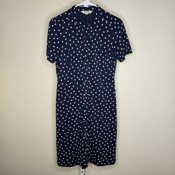 Boden Women's US 6P Navy Blue Polka Dot Short Sleeve Shirt Dress Belted *Flaw - Picture 2 of 16